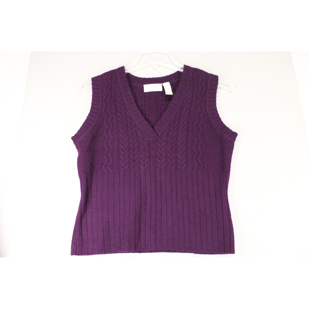 Dana Buchman Sweater Vest Womens L Purple Wool Cable Knit V-Neck Preppy Vest